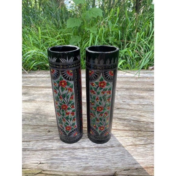 Vintage Pair Black Lacquer Wood Vases Red Etched Flowers 10" - Picture 2 of 16